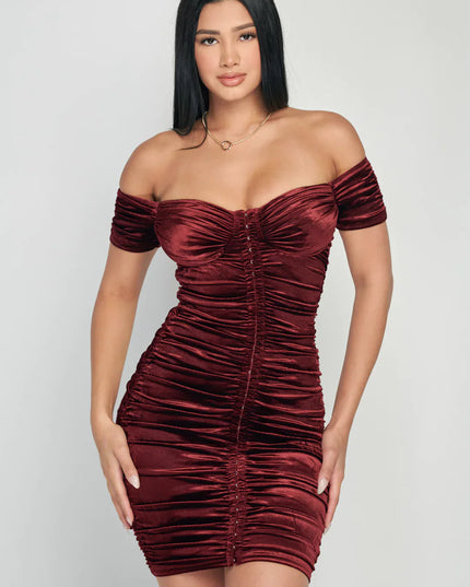 Shiny Velvet Off-Shoulder Ruched Mini Dress