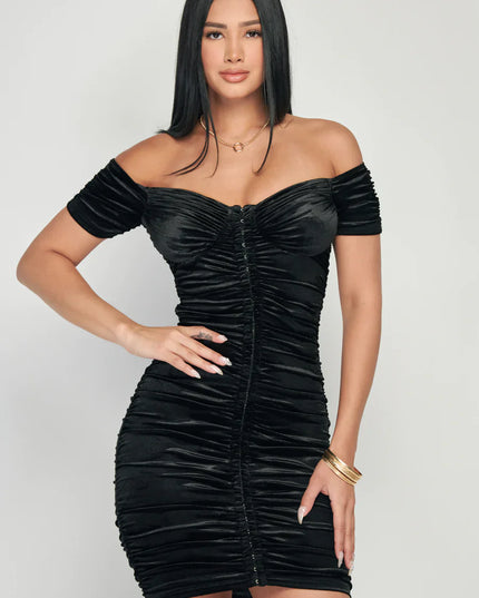 Shiny Velvet Off-Shoulder Ruched Mini Dress