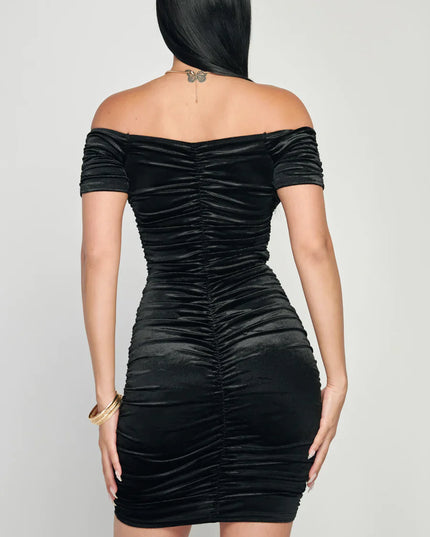 Shiny Velvet Off-Shoulder Ruched Mini Dress
