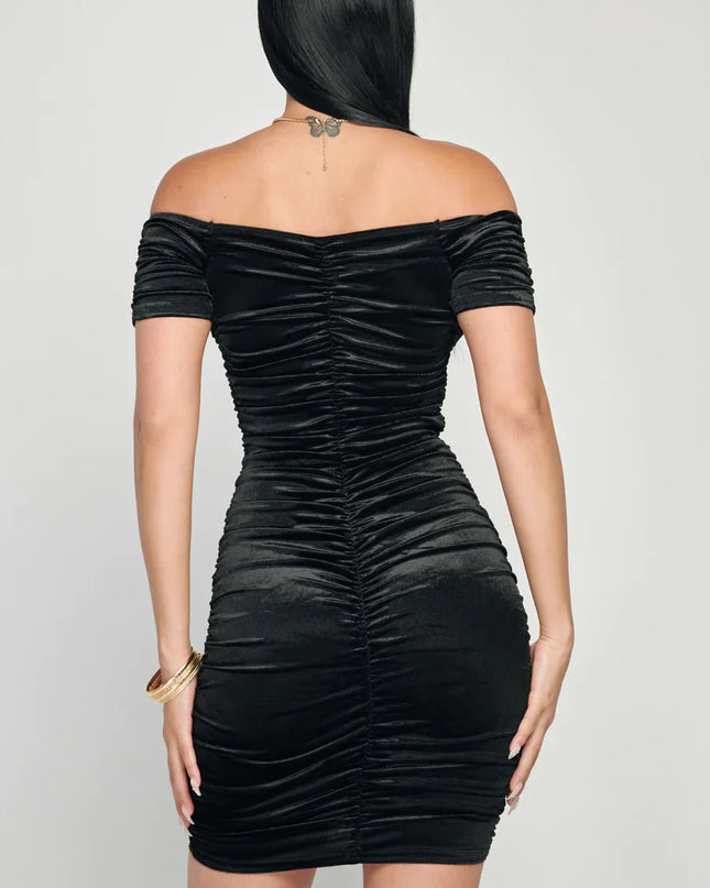 Shiny Velvet Off-Shoulder Ruched Mini Dress