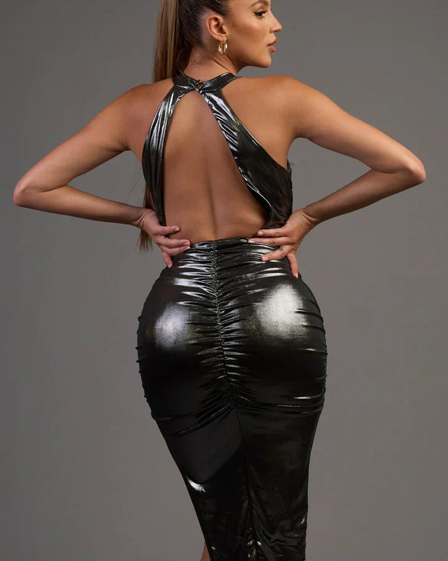 CHIC METALLIC SHINY SLINKY HALTER SLIT MIDI DRESS