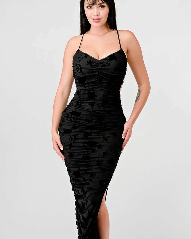 CLASSY MESH VELVET FLOCKING SIDE SLIT DRAWSTRING BACK BODYCON MIDI DRESS