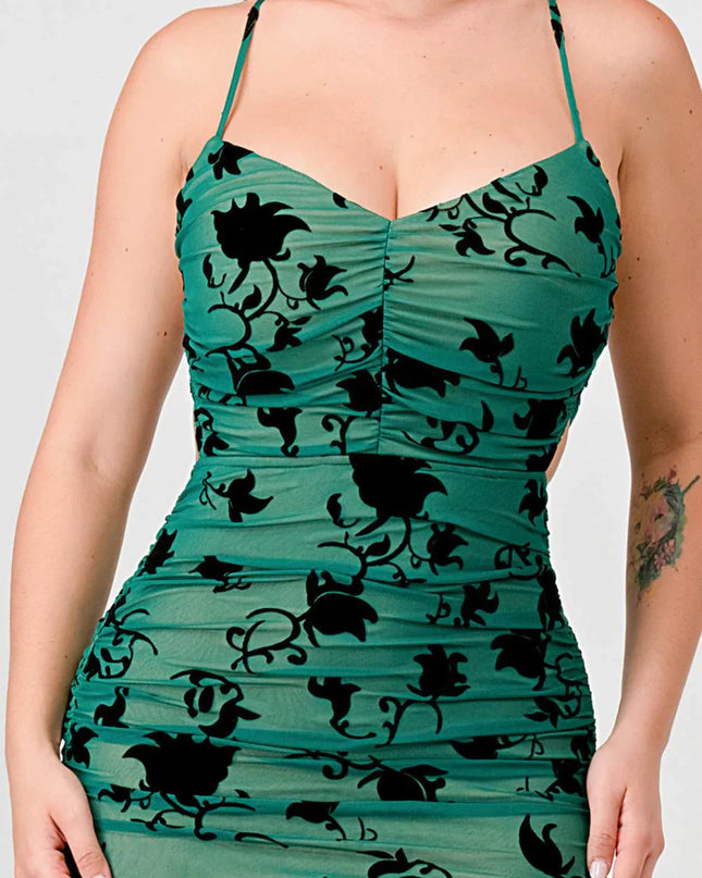 CLASSY MESH VELVET FLOCKING SIDE SLIT DRAWSTRING BACK BODYCON MIDI DRESS