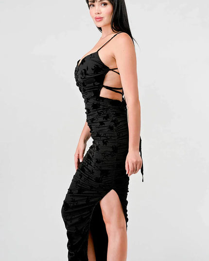 CLASSY MESH VELVET FLOCKING SIDE SLIT DRAWSTRING BACK BODYCON MIDI DRESS