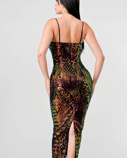 ENCHANTING PATTERN SEQUINS EMBELLISHED BACK SLIT MIDI DRESS