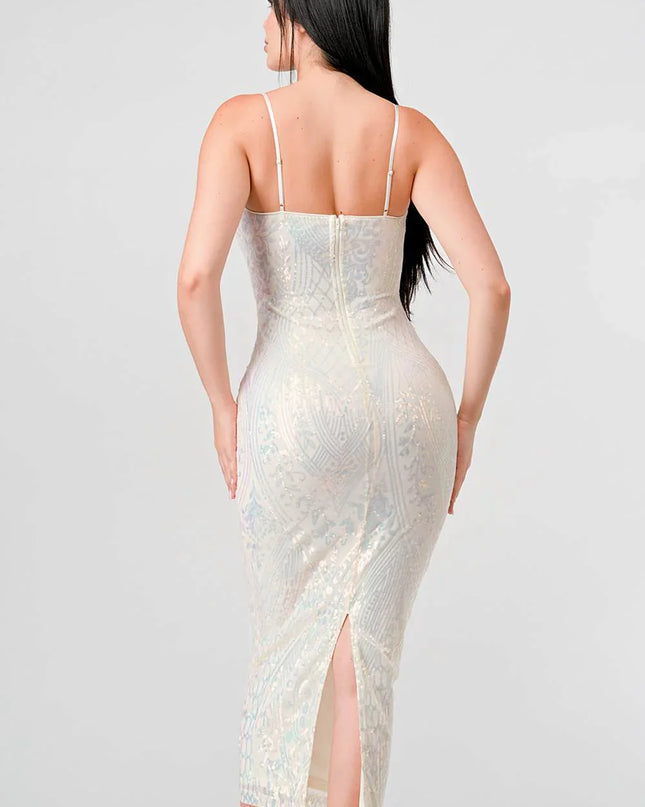ENCHANTING PATTERN SEQUINS EMBELLISHED BACK SLIT MIDI DRESS