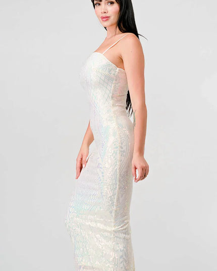 ENCHANTING PATTERN SEQUINS EMBELLISHED BACK SLIT MIDI DRESS