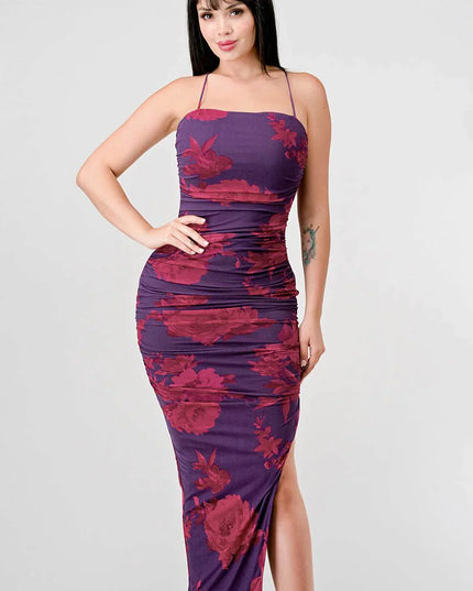 FLORAL PRINT MESH SIDE SLIT DRAWSTRING BACK SLITTED BODYCON MIDI DRESS