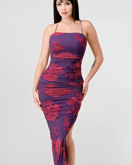 FLORAL PRINT MESH SIDE SLIT DRAWSTRING BACK SLITTED BODYCON MIDI DRESS
