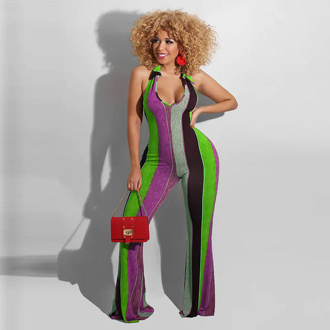 Striped Halter Jumpsuit with Horns for a Bold Look