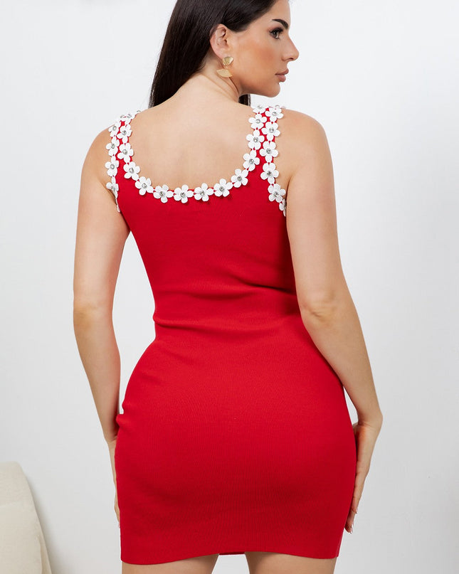 Flower Petals Embroidered Topped Mini Dress- Red