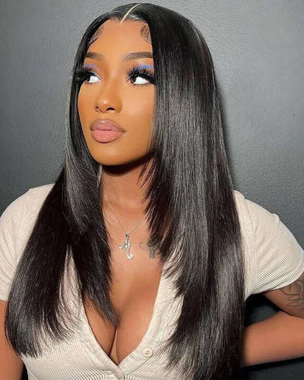 Layered Cut Pre-plucked  Knots Glueless Lace Wig 100% Silk Straight Human Hair Wigs junoda