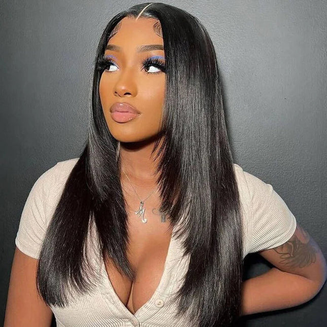 Layered Cut Pre-plucked  Knots Glueless Lace Wig 100% Silk Straight Human Hair Wigs junoda