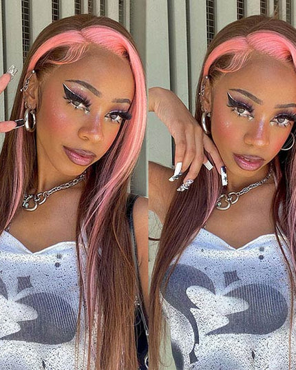Junoda Pink Skunk Stripe Wig on Chocolate Brown Straight Hair Lace Front Wig Free/Middle/Side Part junoda