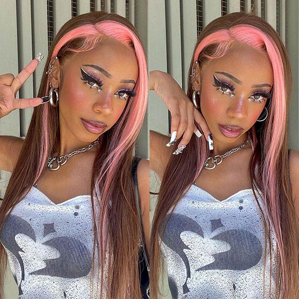 Junoda Pink Skunk Stripe Wig on Chocolate Brown Straight Hair Lace Front Wig Free/Middle/Side Part junoda