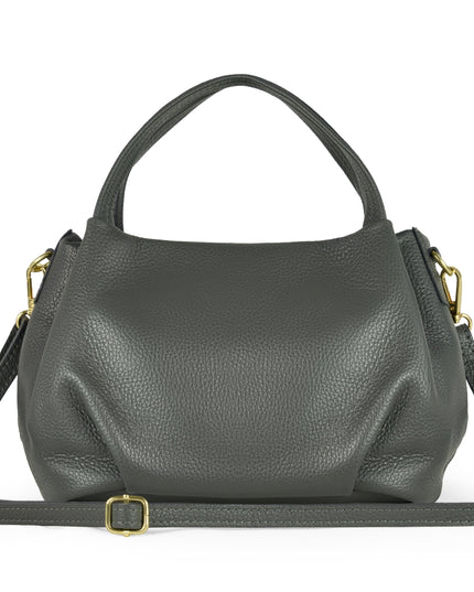 Grey Italian calf leather top-handle handbag with gold hardware. Versatile style.