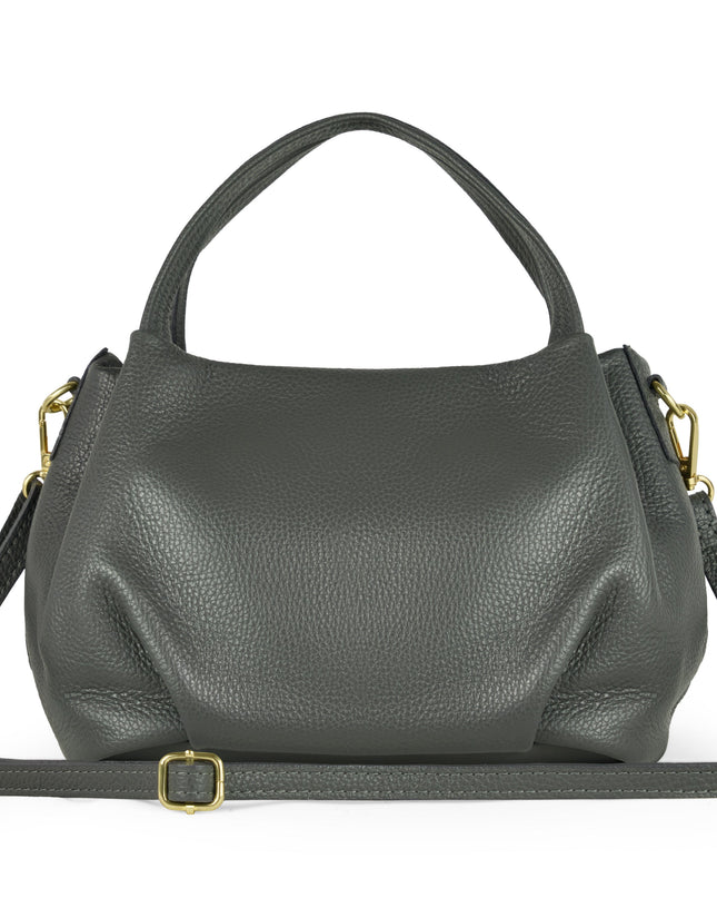 Grey Italian calf leather top-handle handbag with gold hardware. Versatile style.