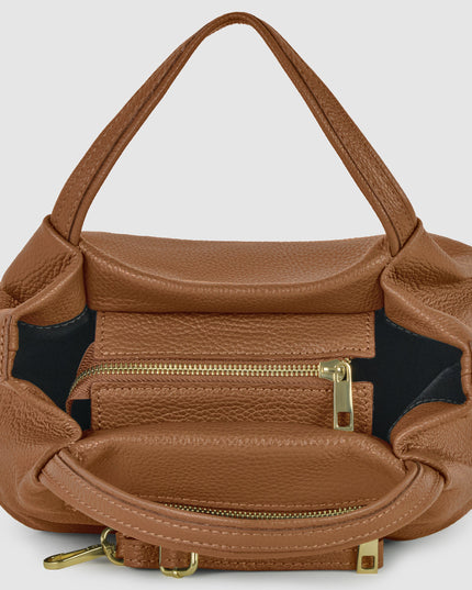 Brown Italian calfskin leather top-handle bag for women, with crossbody strap and gold hardware.