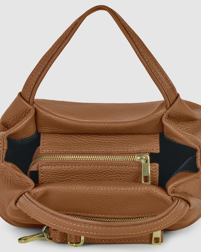 Brown Italian calfskin leather top-handle bag for women, with crossbody strap and gold hardware.