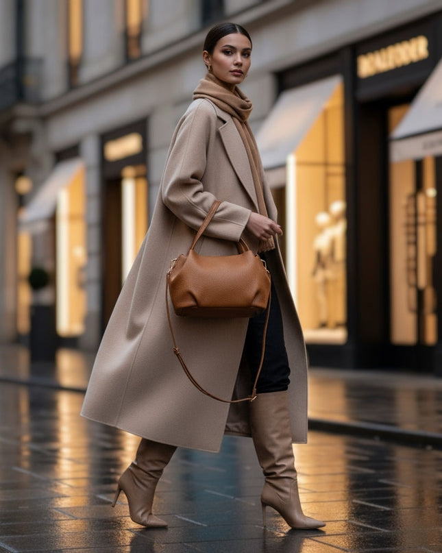 Stylish woman in camel coat carrying luxury brown Italian calf leather top-handle handbag