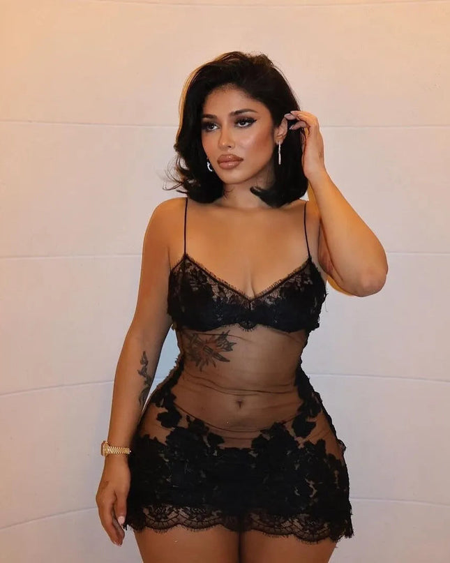 Te Amo Lace Mesh Black Mini Dress