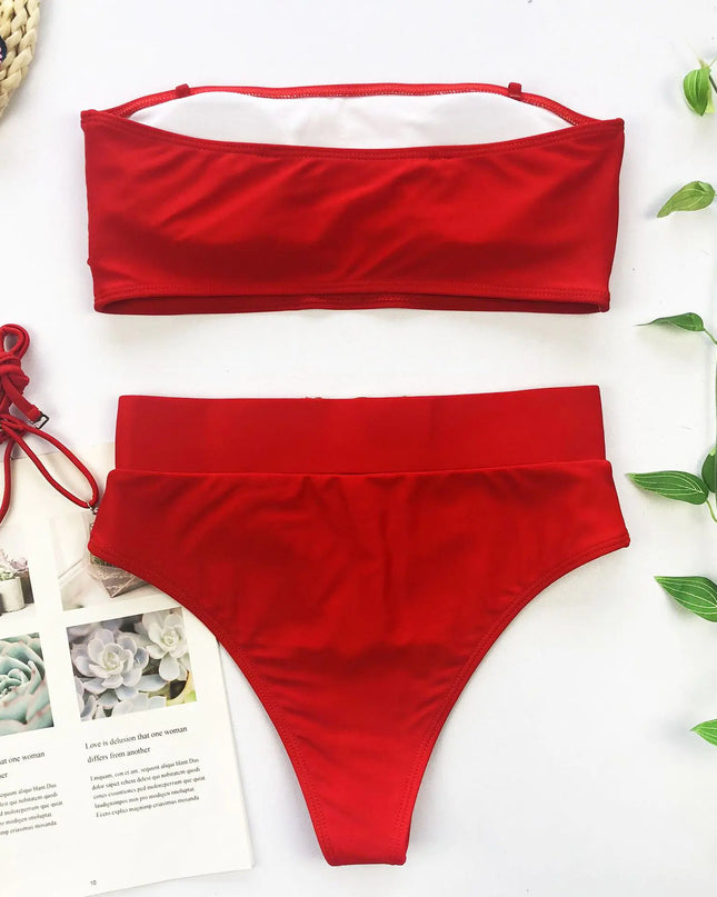 Chic Metal Buckle Strapless Bikini Swimsuit for Women