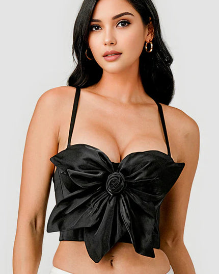 BUTTERFLY BOW FLORAL TRIM KNOT BUSTIER CROP TOP