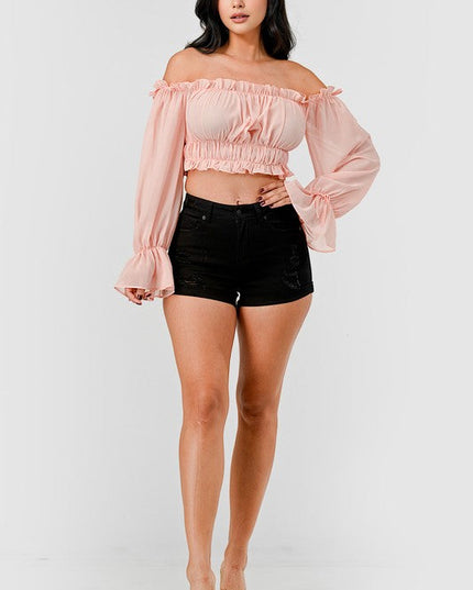 Off Shoulder Ruffle Trim Knot Sleeve Crop Top