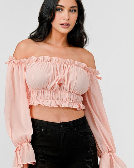 Off Shoulder Ruffle Trim Knot Sleeve Crop Top