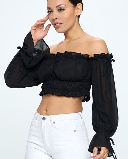 Off Shoulder Ruffle Trim Knot Sleeve Crop Top