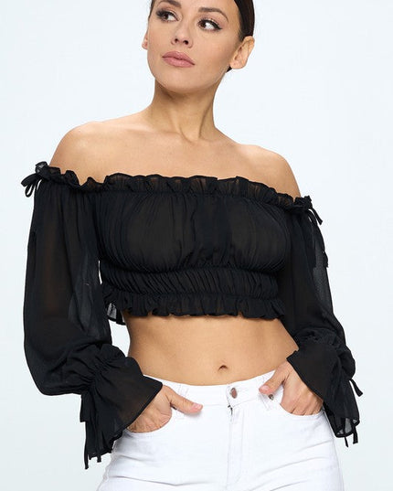 Off Shoulder Ruffle Trim Knot Sleeve Crop Top