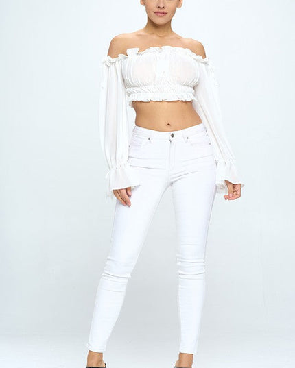 Off Shoulder Ruffle Trim Knot Sleeve Crop Top