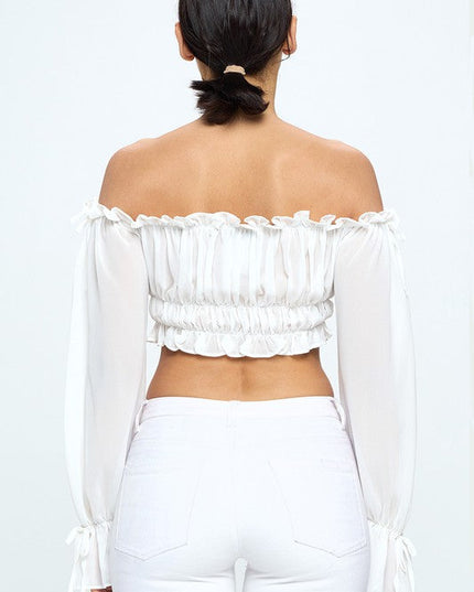Off Shoulder Ruffle Trim Knot Sleeve Crop Top