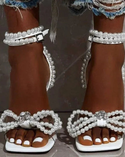 White Pearl Bow Ankle Strap Heels