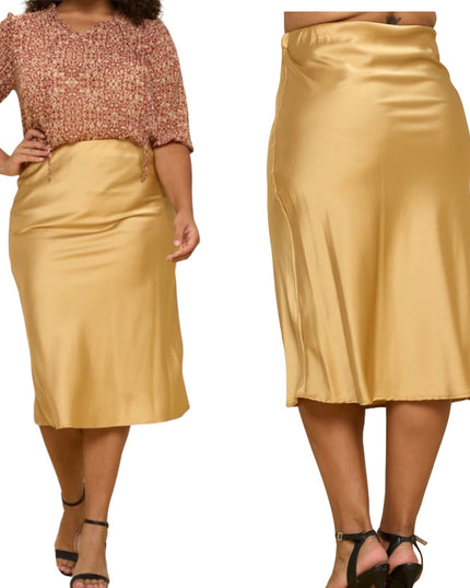 Women's Gold Plus Size Midi Satin Skirt