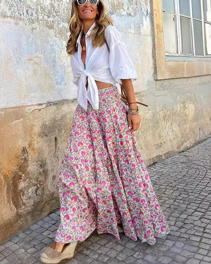 Summer Floral Maxi Skirt with Elastic Waist