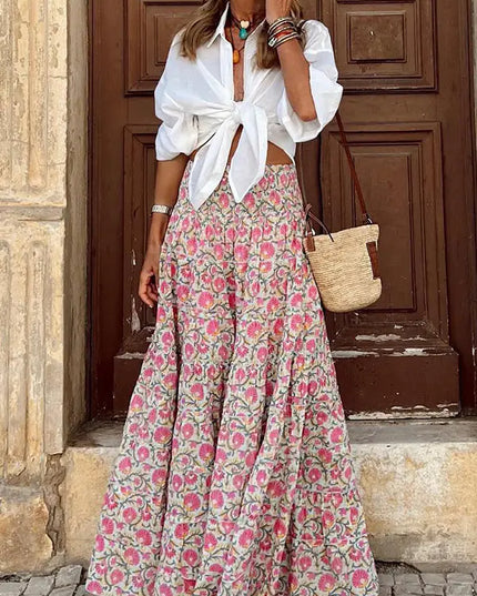 Summer Floral Maxi Skirt with Elastic Waist