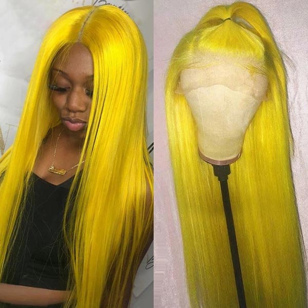 Junoda Long Fluorescent Yellow Lace Front Wig Colored Straight Human Hair Wigs for Sale junoda