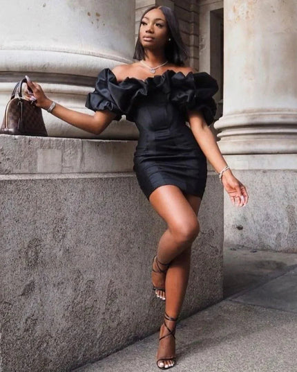 Zari Satin Ruffles Off Shoulder Black Mini Dress